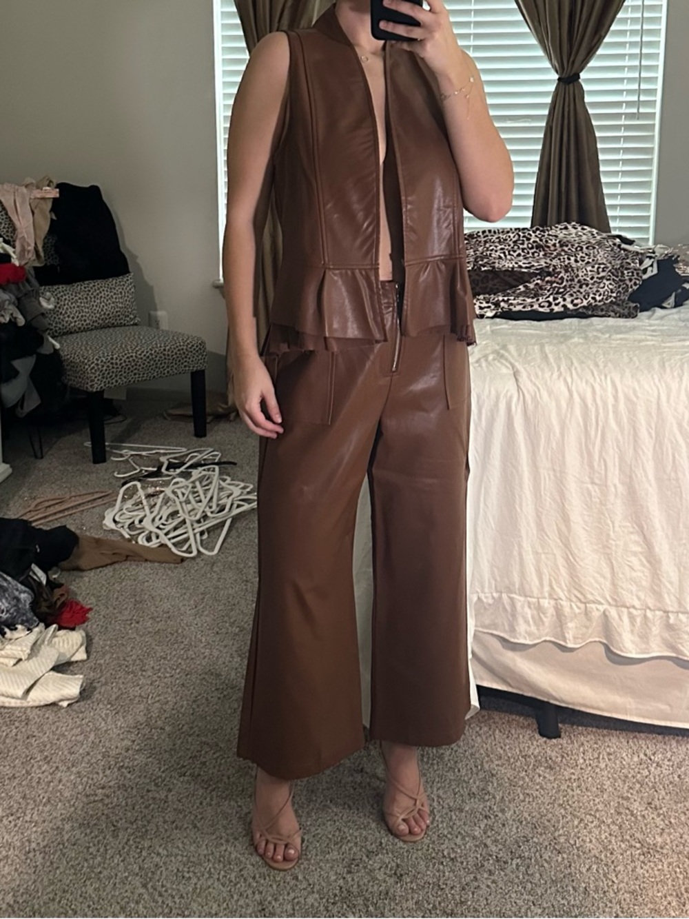 Sleeveless Brown Faux-Leather Wide-Leg Jumpsuit